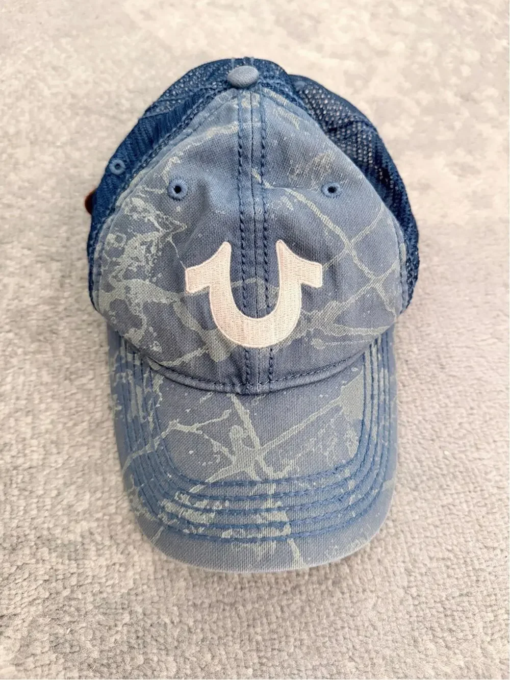 Vintage Y2K 2000s True Religion Trucker Hat Blue Denim Leather Embroidered Logo